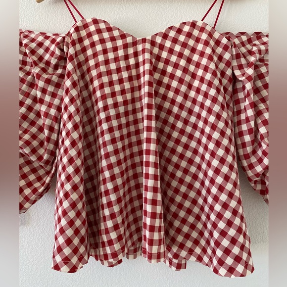 Miou Muse Red Gingham Off-the-Shoulder, Ruffled Sleeved Top - Picture 2 of 6